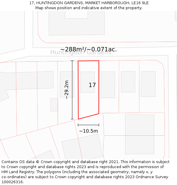 17, HUNTINGDON GARDENS, MARKET HARBOROUGH, LE16 9LE: Plot and title map