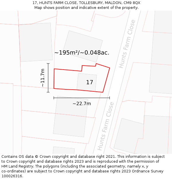 17, HUNTS FARM CLOSE, TOLLESBURY, MALDON, CM9 8QX: Plot and title map