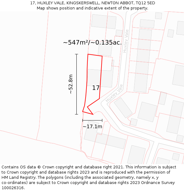 17, HUXLEY VALE, KINGSKERSWELL, NEWTON ABBOT, TQ12 5ED: Plot and title map