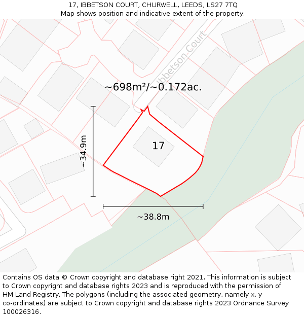 17, IBBETSON COURT, CHURWELL, LEEDS, LS27 7TQ: Plot and title map