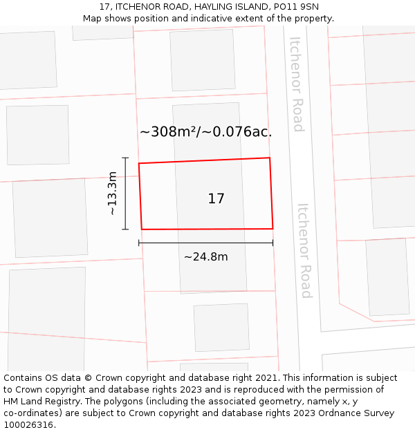 17, ITCHENOR ROAD, HAYLING ISLAND, PO11 9SN: Plot and title map