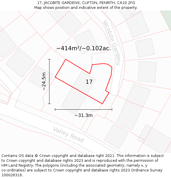 17, JACOBITE GARDENS, CLIFTON, PENRITH, CA10 2FG: Plot and title map