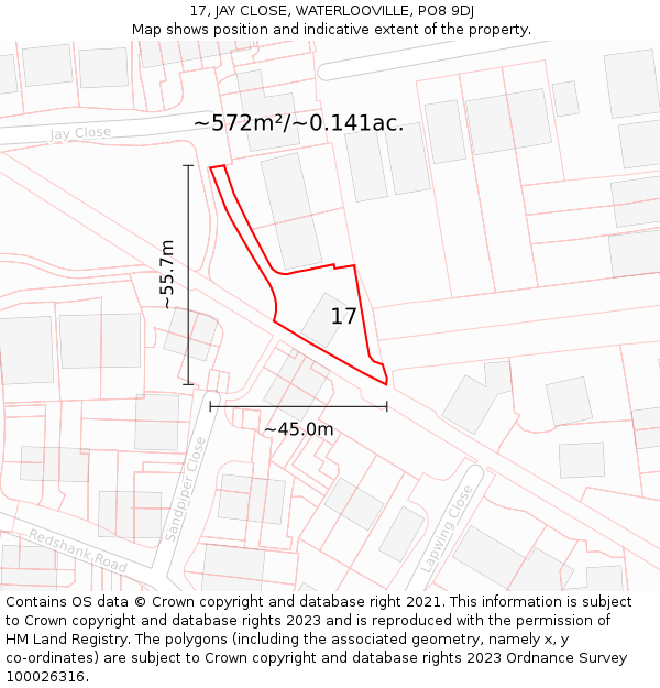 17, JAY CLOSE, WATERLOOVILLE, PO8 9DJ: Plot and title map