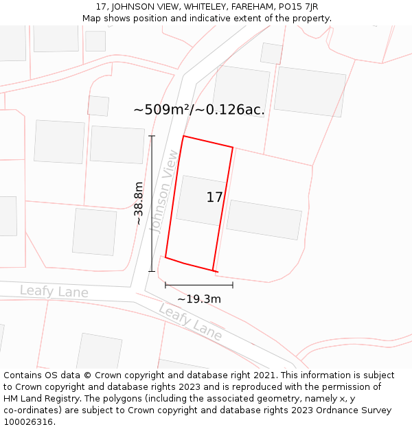 17, JOHNSON VIEW, WHITELEY, FAREHAM, PO15 7JR: Plot and title map