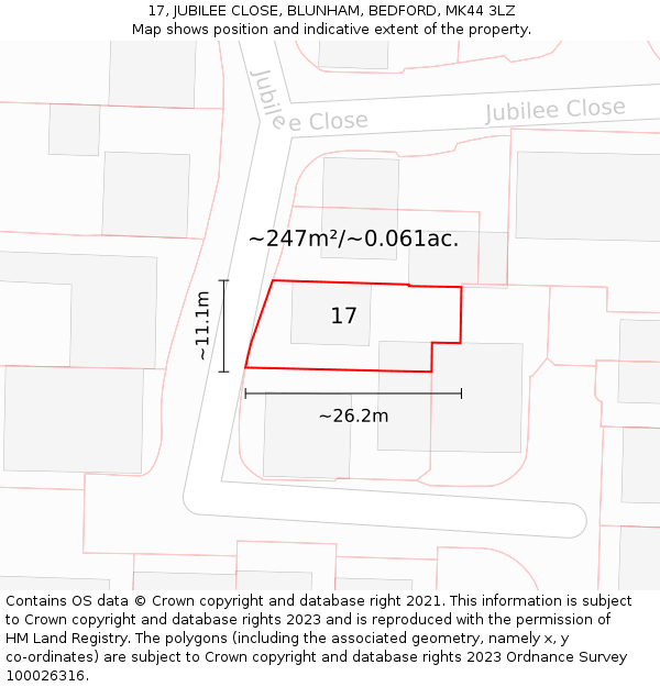 17, JUBILEE CLOSE, BLUNHAM, BEDFORD, MK44 3LZ: Plot and title map