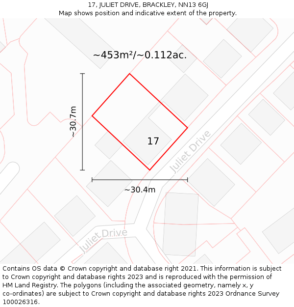 17, JULIET DRIVE, BRACKLEY, NN13 6GJ: Plot and title map