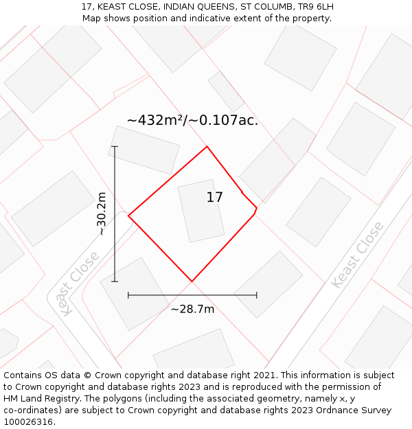 17, KEAST CLOSE, INDIAN QUEENS, ST COLUMB, TR9 6LH: Plot and title map