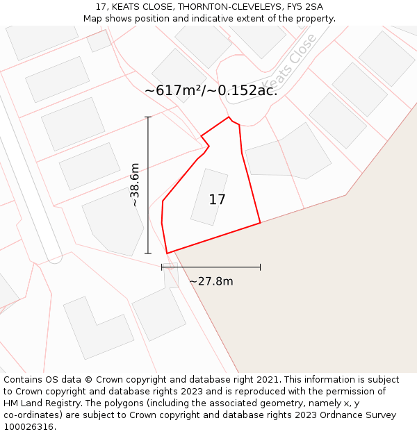 17, KEATS CLOSE, THORNTON-CLEVELEYS, FY5 2SA: Plot and title map