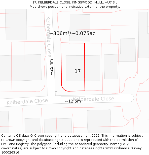 17, KELBERDALE CLOSE, KINGSWOOD, HULL, HU7 3JL: Plot and title map