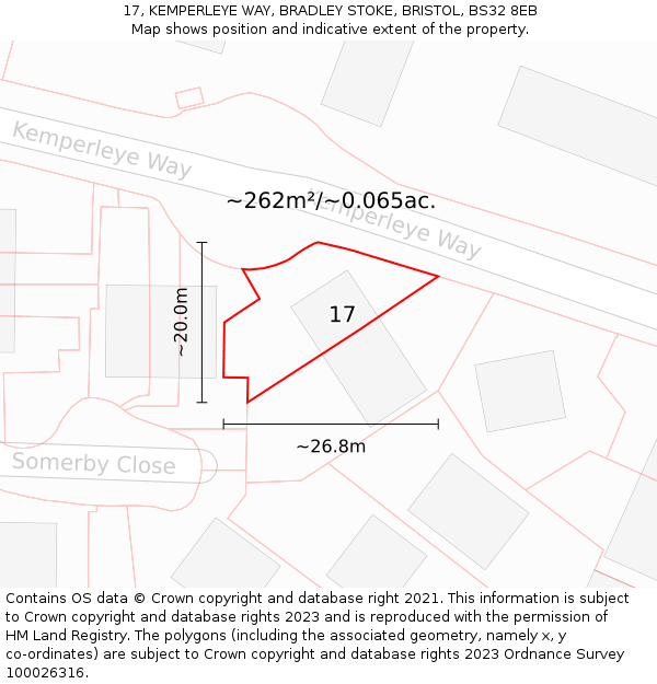 17, KEMPERLEYE WAY, BRADLEY STOKE, BRISTOL, BS32 8EB: Plot and title map