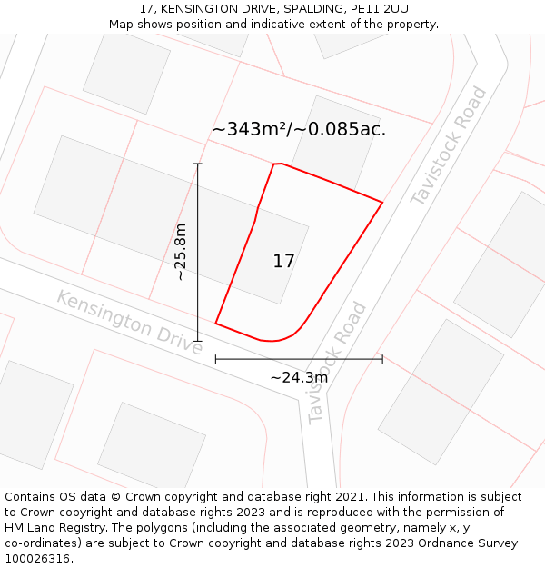 17, KENSINGTON DRIVE, SPALDING, PE11 2UU: Plot and title map