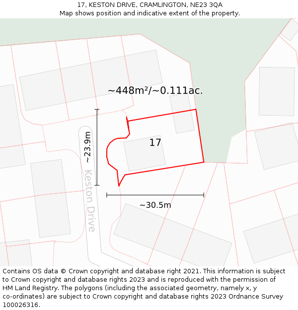 17, KESTON DRIVE, CRAMLINGTON, NE23 3QA: Plot and title map