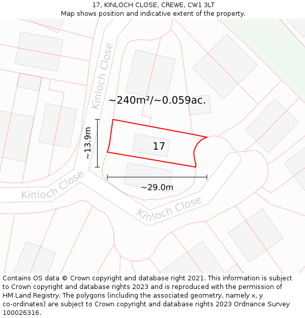 17, KINLOCH CLOSE, CREWE, CW1 3LT: Plot and title map