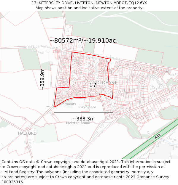 17, KITTERSLEY DRIVE, LIVERTON, NEWTON ABBOT, TQ12 6YX: Plot and title map