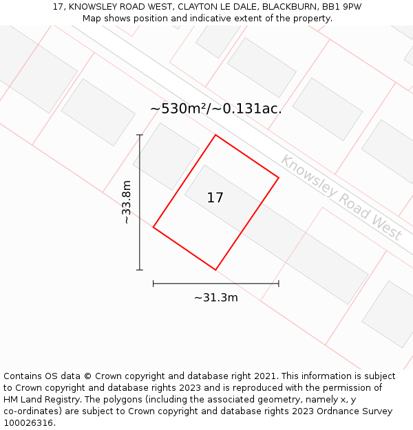 17, KNOWSLEY ROAD WEST, CLAYTON LE DALE, BLACKBURN, BB1 9PW: Plot and title map