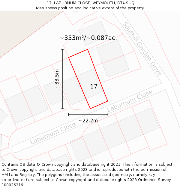 17, LABURNUM CLOSE, WEYMOUTH, DT4 9UQ: Plot and title map