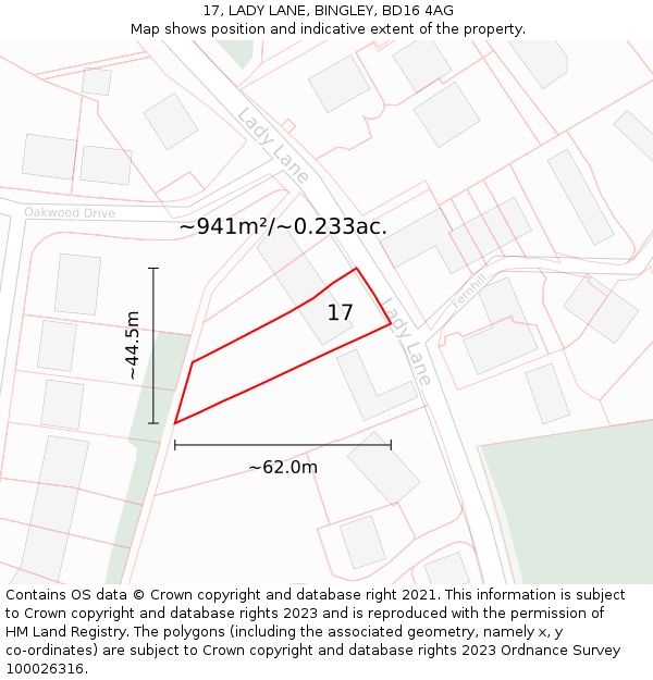 17, LADY LANE, BINGLEY, BD16 4AG: Plot and title map