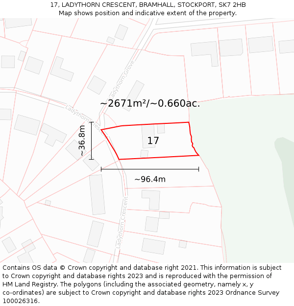 17, LADYTHORN CRESCENT, BRAMHALL, STOCKPORT, SK7 2HB: Plot and title map
