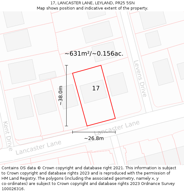 17, LANCASTER LANE, LEYLAND, PR25 5SN: Plot and title map