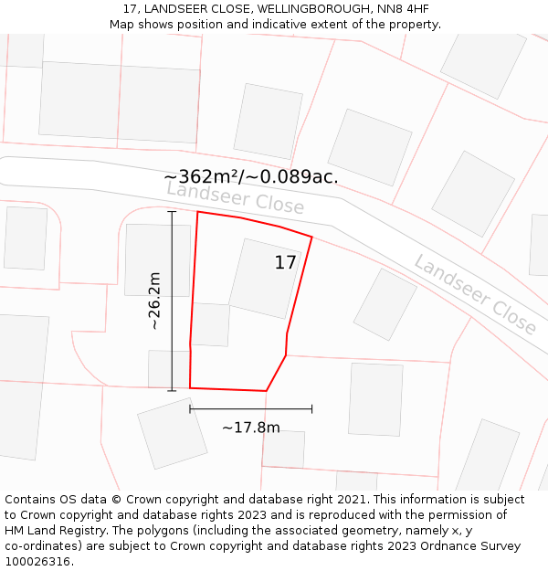 17, LANDSEER CLOSE, WELLINGBOROUGH, NN8 4HF: Plot and title map