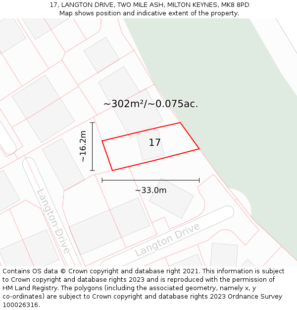 17, LANGTON DRIVE, TWO MILE ASH, MILTON KEYNES, MK8 8PD: Plot and title map