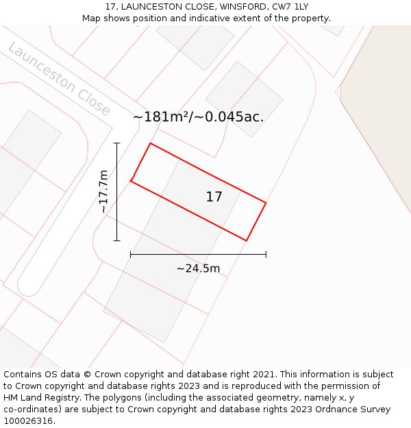 17, LAUNCESTON CLOSE, WINSFORD, CW7 1LY: Plot and title map