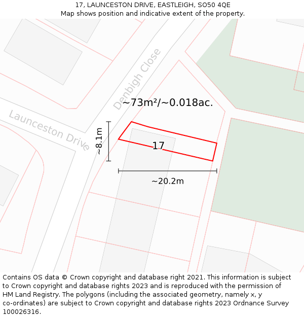 17, LAUNCESTON DRIVE, EASTLEIGH, SO50 4QE: Plot and title map