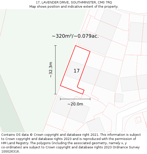 17, LAVENDER DRIVE, SOUTHMINSTER, CM0 7RQ: Plot and title map