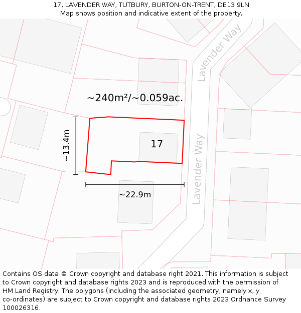 17, LAVENDER WAY, TUTBURY, BURTON-ON-TRENT, DE13 9LN: Plot and title map