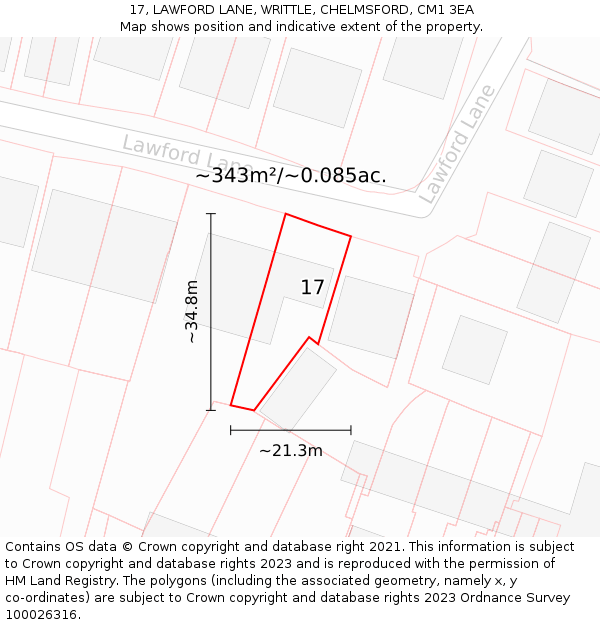 17, LAWFORD LANE, WRITTLE, CHELMSFORD, CM1 3EA: Plot and title map