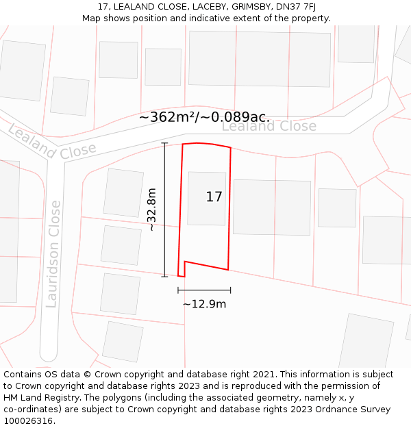 17, LEALAND CLOSE, LACEBY, GRIMSBY, DN37 7FJ: Plot and title map