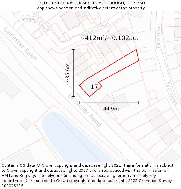 17, LEICESTER ROAD, MARKET HARBOROUGH, LE16 7AU: Plot and title map
