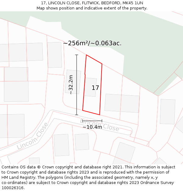 17, LINCOLN CLOSE, FLITWICK, BEDFORD, MK45 1UN: Plot and title map