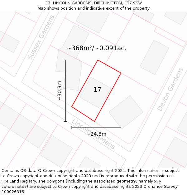 17, LINCOLN GARDENS, BIRCHINGTON, CT7 9SW: Plot and title map