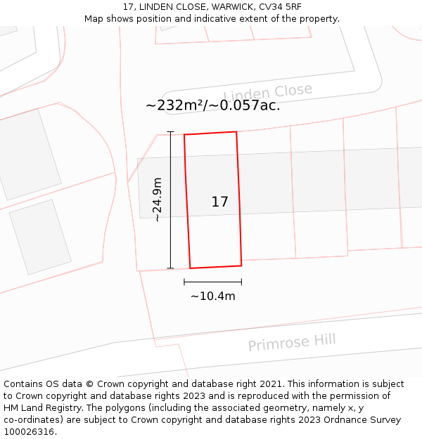 17, LINDEN CLOSE, WARWICK, CV34 5RF: Plot and title map