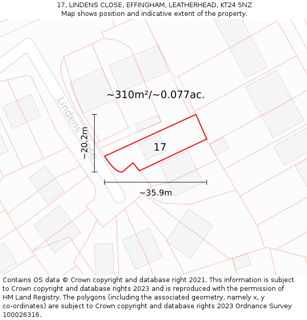 17, LINDENS CLOSE, EFFINGHAM, LEATHERHEAD, KT24 5NZ: Plot and title map