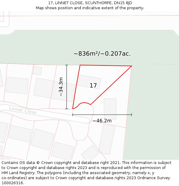 17, LINNET CLOSE, SCUNTHORPE, DN15 8JD: Plot and title map