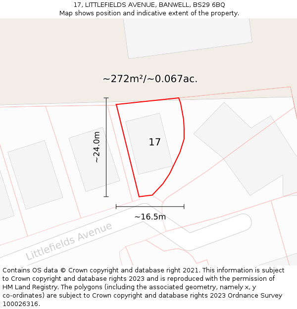 17, LITTLEFIELDS AVENUE, BANWELL, BS29 6BQ: Plot and title map