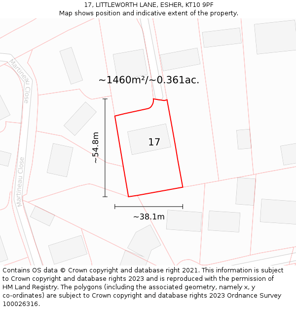 17, LITTLEWORTH LANE, ESHER, KT10 9PF: Plot and title map