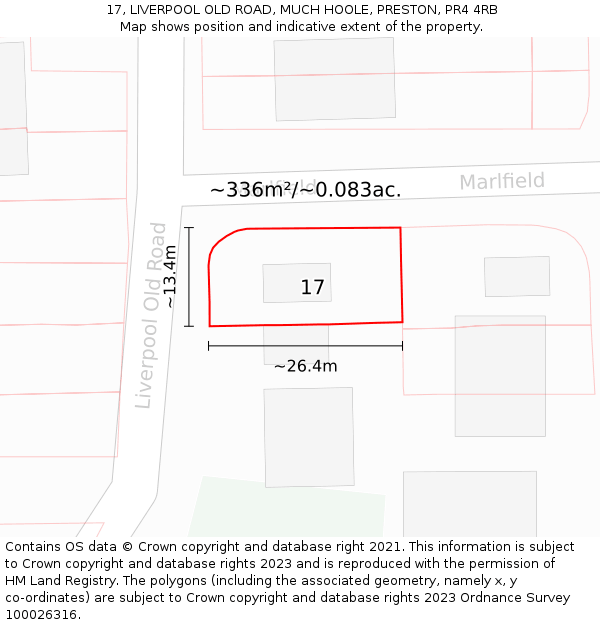 17, LIVERPOOL OLD ROAD, MUCH HOOLE, PRESTON, PR4 4RB: Plot and title map
