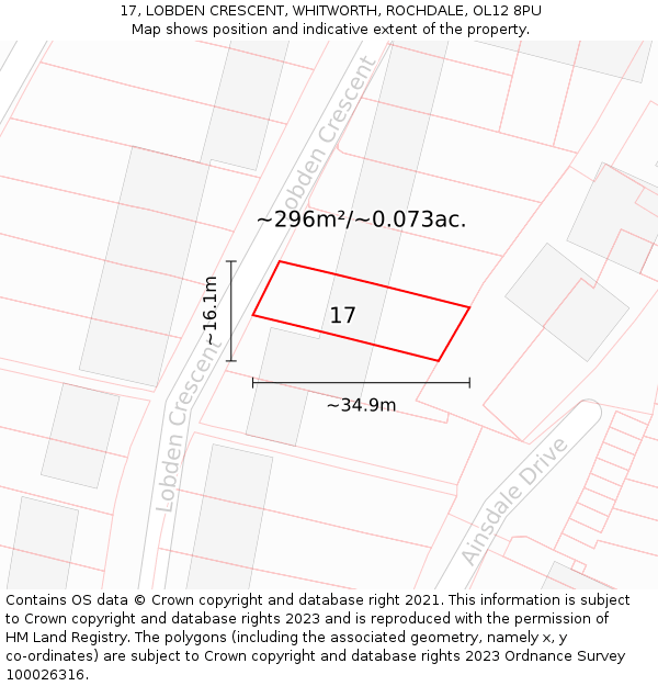 17, LOBDEN CRESCENT, WHITWORTH, ROCHDALE, OL12 8PU: Plot and title map