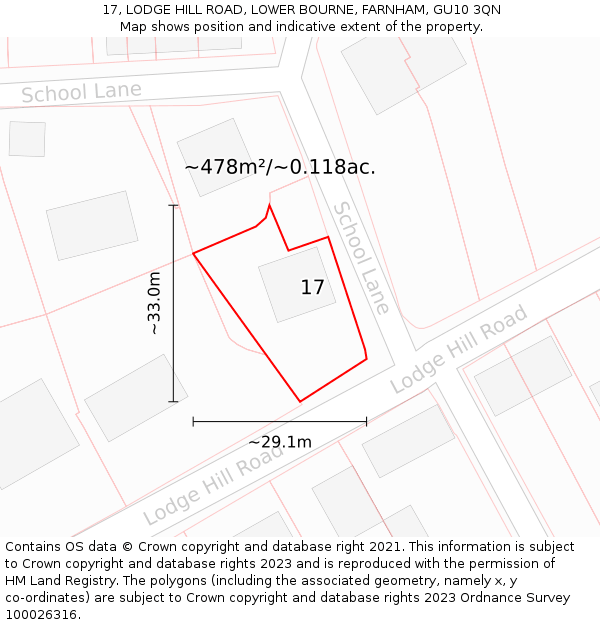 17, LODGE HILL ROAD, LOWER BOURNE, FARNHAM, GU10 3QN: Plot and title map