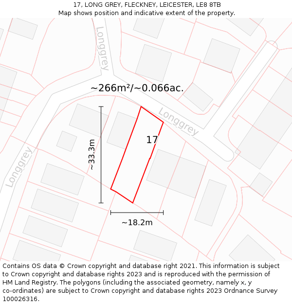 17, LONG GREY, FLECKNEY, LEICESTER, LE8 8TB: Plot and title map