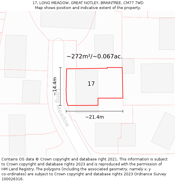 17, LONG MEADOW, GREAT NOTLEY, BRAINTREE, CM77 7WD: Plot and title map