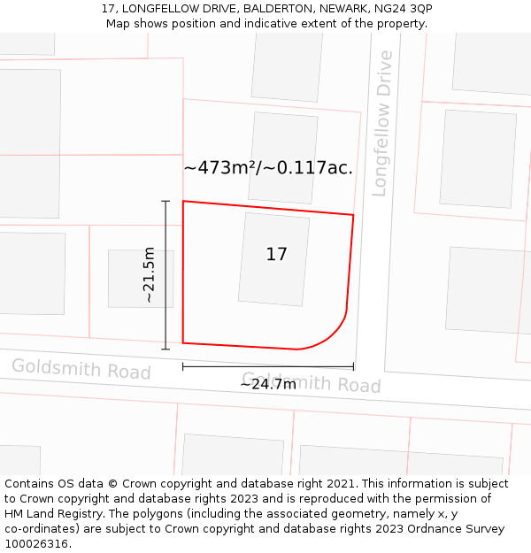 17, LONGFELLOW DRIVE, BALDERTON, NEWARK, NG24 3QP: Plot and title map