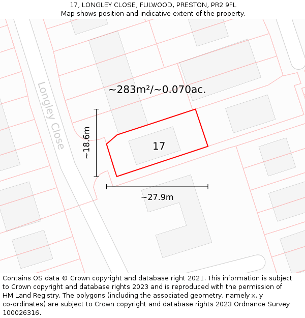 17, LONGLEY CLOSE, FULWOOD, PRESTON, PR2 9FL: Plot and title map