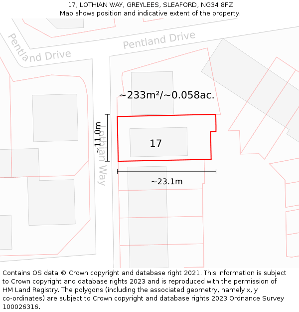 17, LOTHIAN WAY, GREYLEES, SLEAFORD, NG34 8FZ: Plot and title map