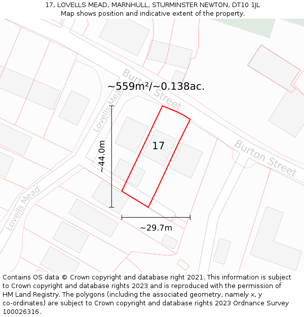 17, LOVELLS MEAD, MARNHULL, STURMINSTER NEWTON, DT10 1JL: Plot and title map