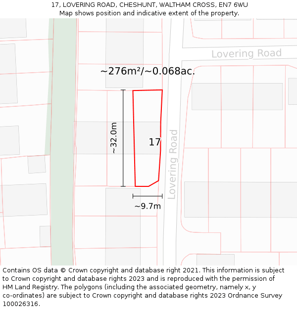 17, LOVERING ROAD, CHESHUNT, WALTHAM CROSS, EN7 6WU: Plot and title map