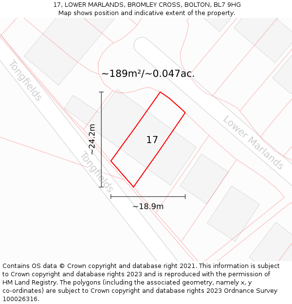 17, LOWER MARLANDS, BROMLEY CROSS, BOLTON, BL7 9HG: Plot and title map